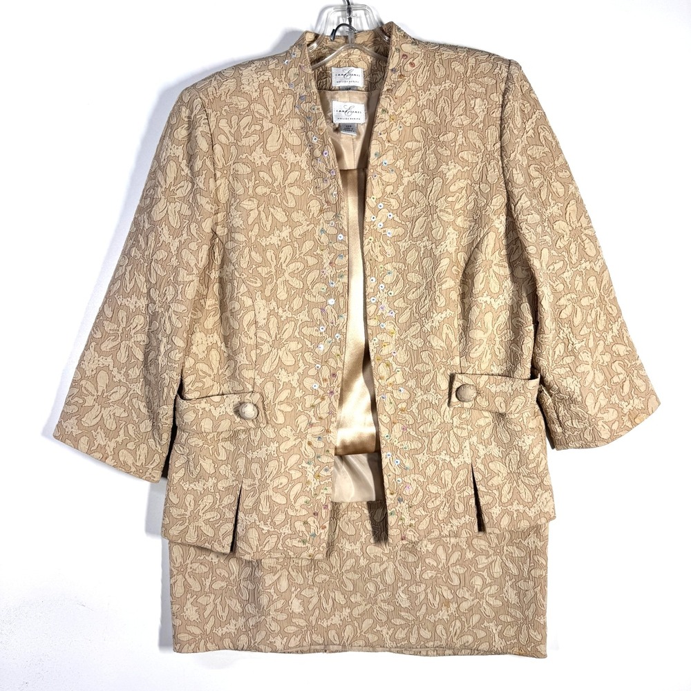 Emma James Skirt Suit Set Womens 12P Beige 3pc Floral Jacket Formal Bridal Party